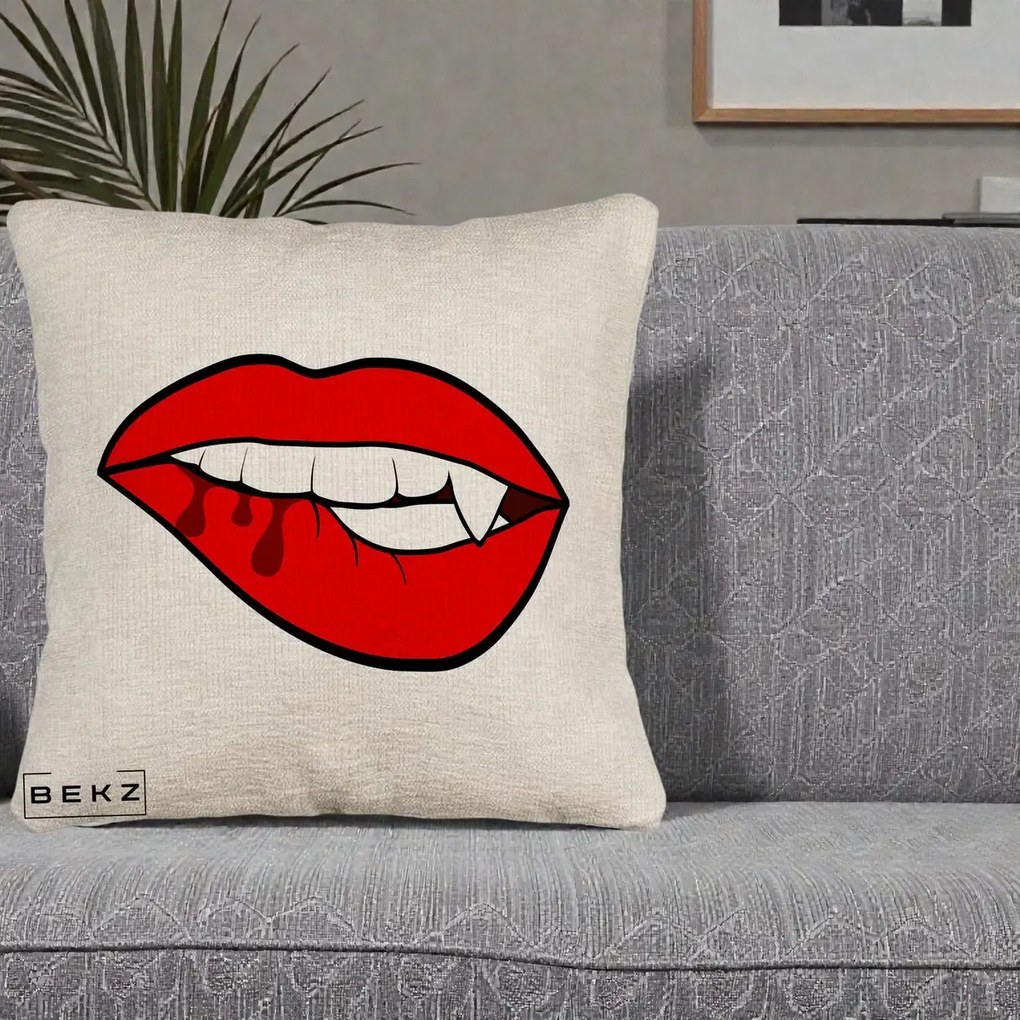 Perna Decorativa Vampire Lips Halloween, 40x40 cm, Bej Canapea, Husa Detasabila, Perna Inclusa, BEKZ®