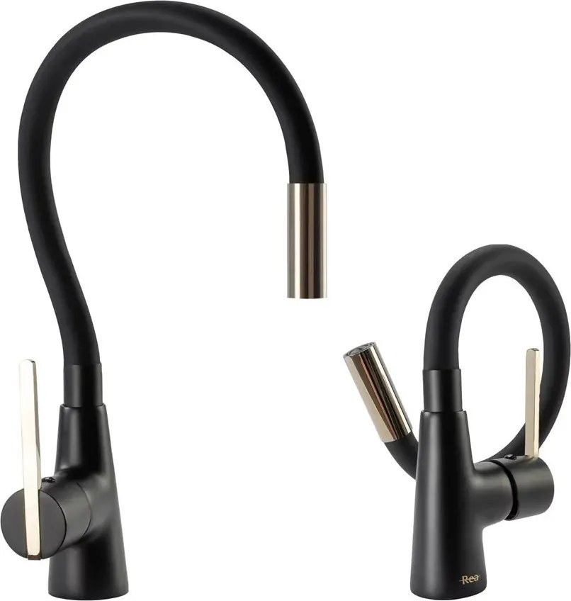 Baterie bucatarie cu pipa flexibila Rea Icon negru - auriu