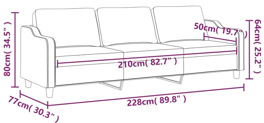 Canapea cu 3 locuri, gri deschis, 210 cm, material textil Gri deschis, 228 x 77 x 80 cm