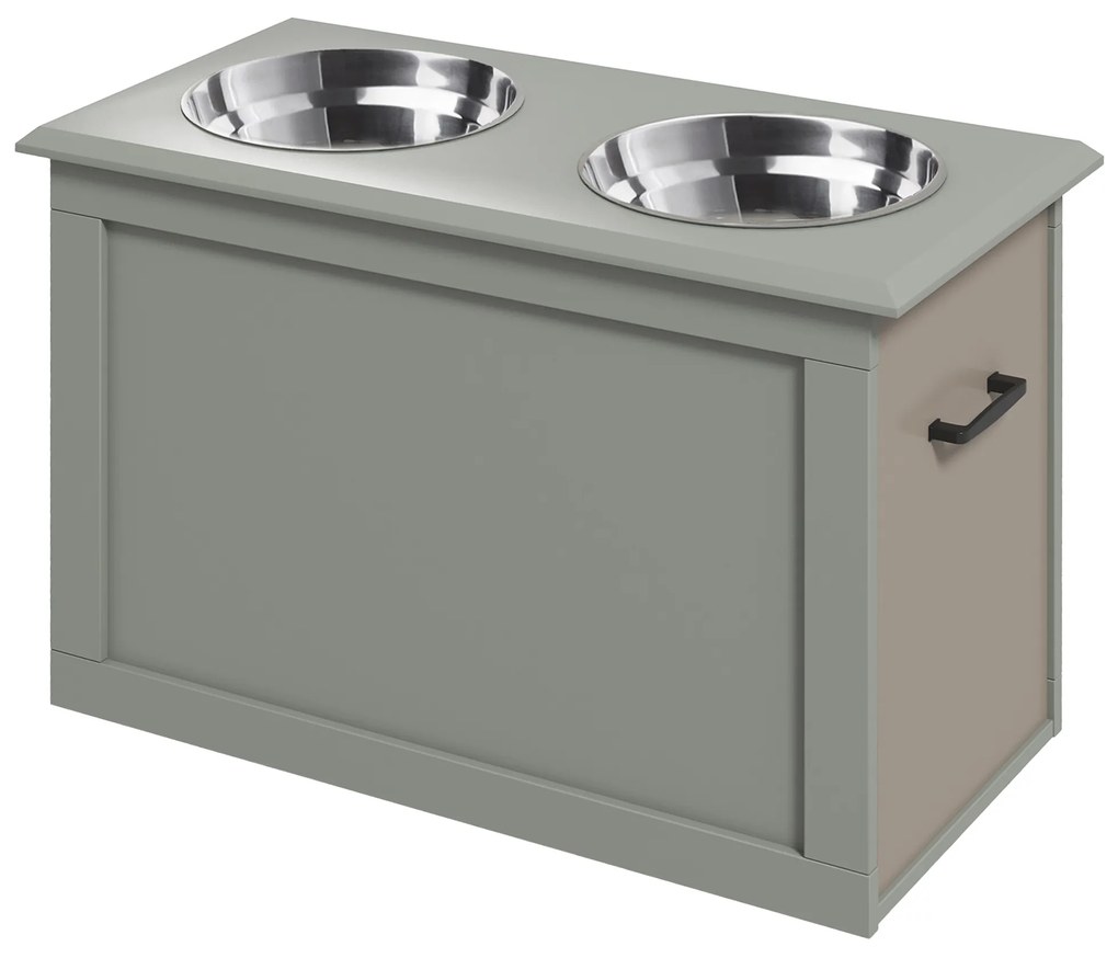 PawHut Boluri ridicate pentru câini bol dublu câine pisică Suport pentru boluri ridicat dim. 60L x 30W x 41H cm 2 boluri 2L mânere compartiment lemn gri | Aosom Romania