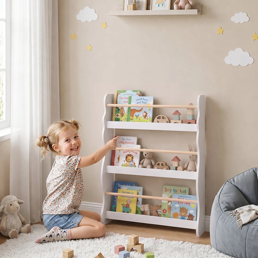 AIYAPLAY Bibliotecă Montessori pentru Copii 3-8 Ani, 3 Rafturi, 60x15x73 cm, pentru Cameră, Alb | Aosom Romania