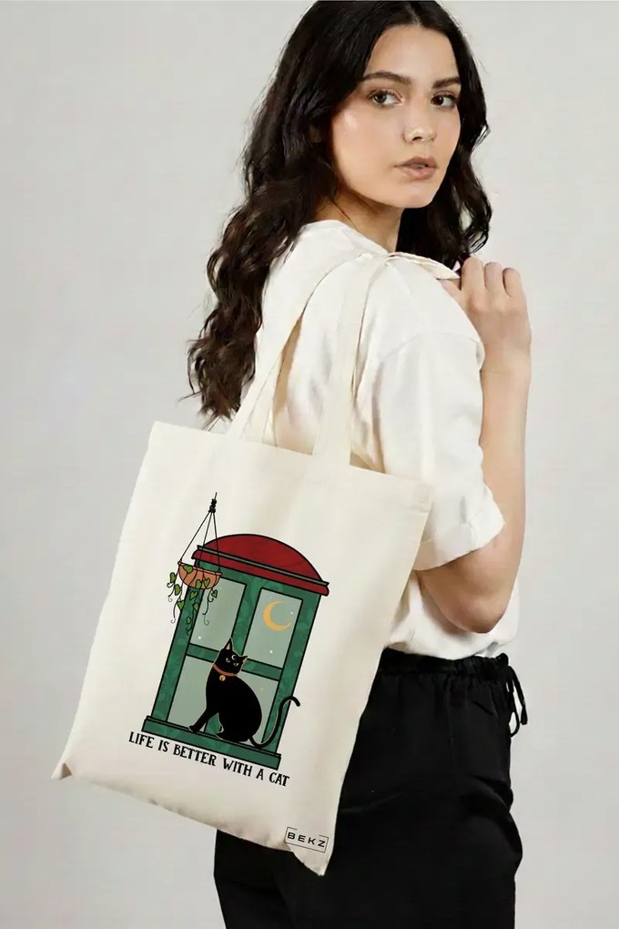 Sacosa de Panza pentru Cumparaturi, Geanta Tote, model Life is Better With a Cat, 38 x 34.5 cm, Alba, BEKZ®