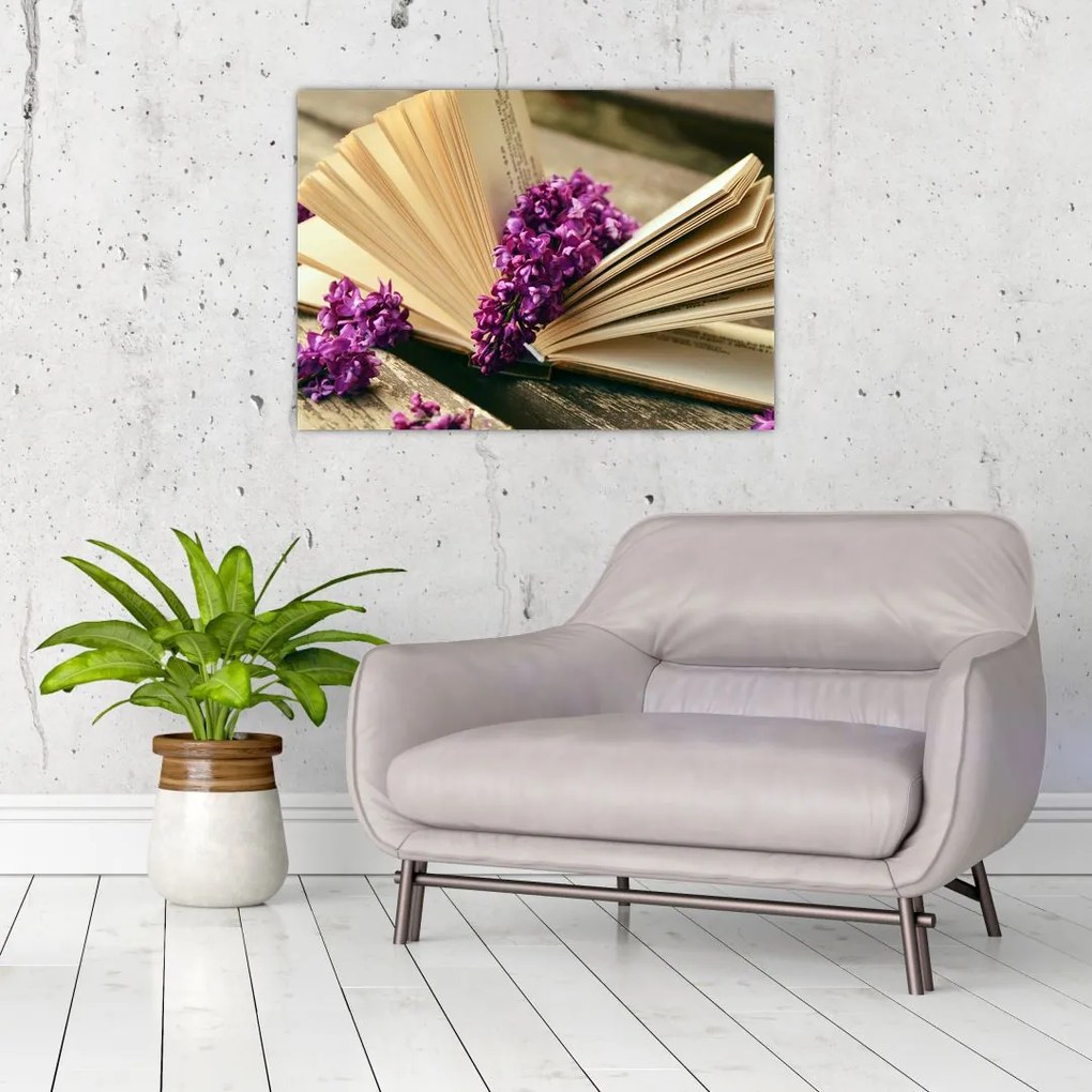 Tablou cu carte și floare violetă (70x50 cm)