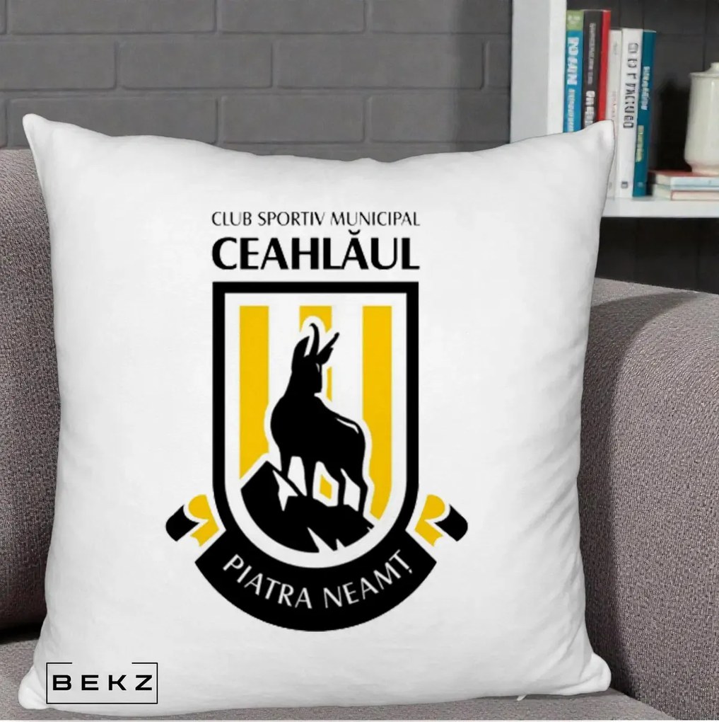 Perna Personalizata CSM Ceahlaul Piatra Neamt Fotbal, 40x40 cm, Alb Pufos, Husa Detasabila, Perna Inclusa, BEKZ®