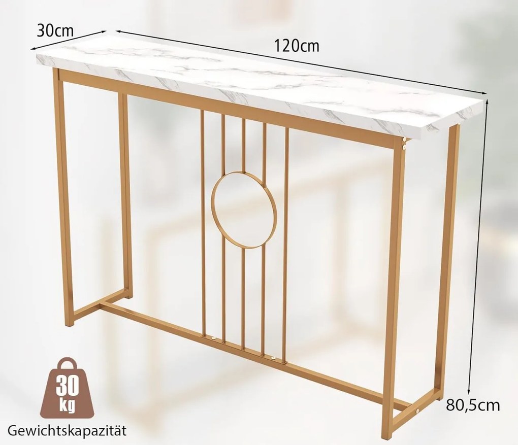 MAU12 - Masa Consola 120x30x80.5 cm, masuta hol, living, dormitor - Auriu - Alb Marmura