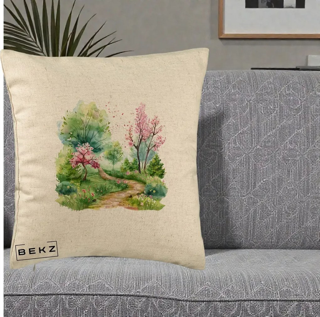 Perna Decorativa Gradina Primavara Acuarela, 40x40 cm, Bej, Husa Detasabila, Perna Inclusa, BEKZ®