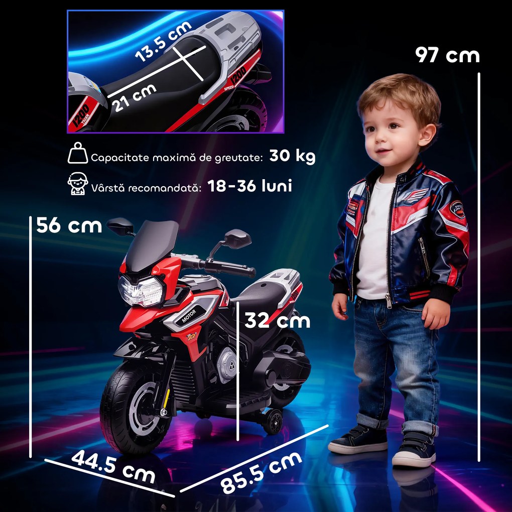 AIYAPLAY Motocicletă Electrică pentru Copii 18-36 Luni, 6V Motocicletă Electrică pentru Copii cu Roți Detașabile, Faruri, Muzică, 2.4 km/h Mini Motocicletă cu Far, Max 30kg, Roșu | Aosom Romania