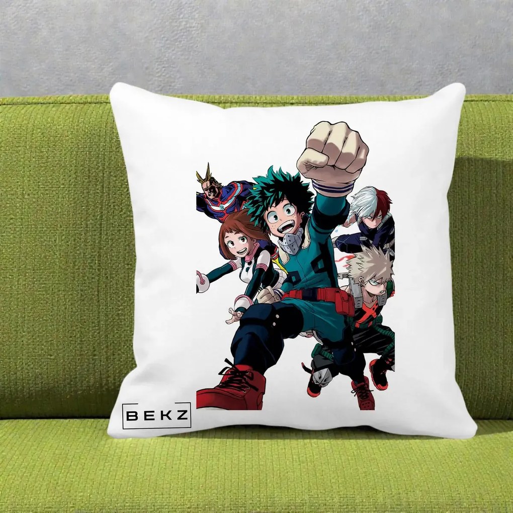 Perna Personalizata My Hero Academia Izuku Deku si Echipa, 40x40 cm, Alba Mata, Husa Detasabila, Perna Inclusa, BEKZ®