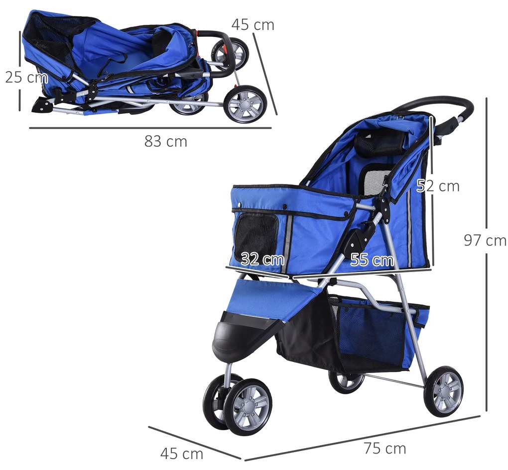 PawHut Cărucior Pliabil pentru Câini cu Roți, Coș de Depozitare și Căptușeală Detașabilă, 75x45x97 cm, Albastru | Aosom Romania
