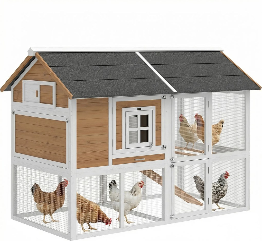 PawHut Adăpost pentru găini cu țarc Cuib tavă extractabilă acoperiș din asfalt pentru 4 găini 200x104x145cm lemn Maro | Aosom Romania