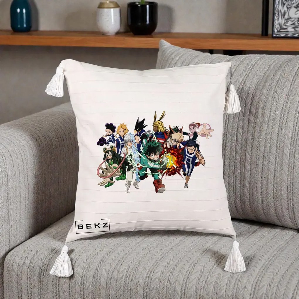 Perna Personalizata My Hero Academia Clasa 1-A Complet, 40x40 cm, Bej cu Franjuri, Husa Detasabila, Perna Inclusa, BEKZ®