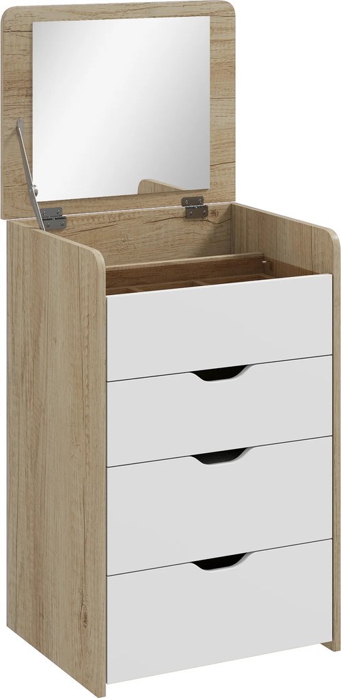 HOMCOM Stație de Machiaj 3 în 1 cu Oglindă Rabatabilă, Scaun Ascuns, Toaletă de Machiaj cu Scaun Tapițat pe Roți, 3 Sertare, Blat din Sticlă Transparentă, Compartiment, Economisire Spațiu, Alb și Stejar | Aosom Romania