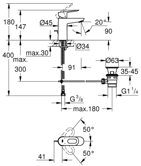 GROHE 23803000 - Baterie pentru lavoar EUROSMART, mărime S, crom lucios