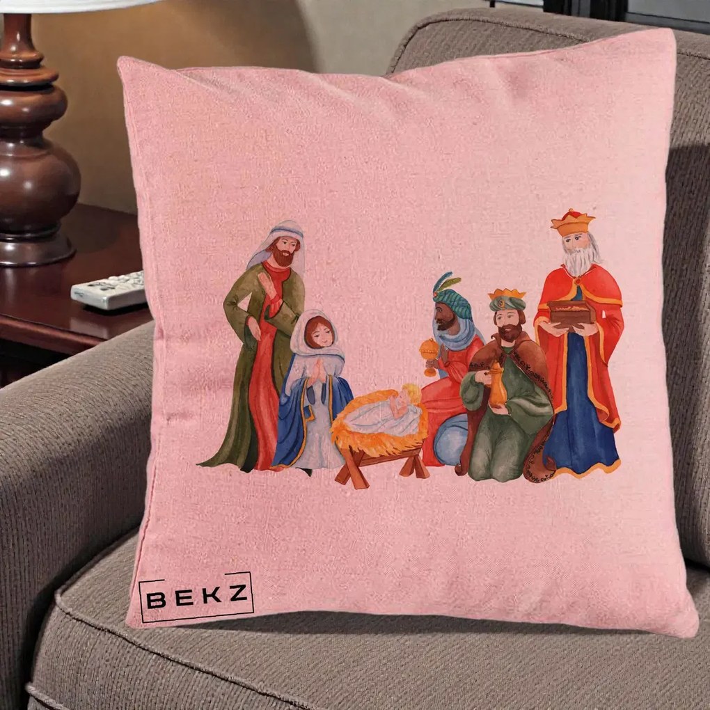 Perna Decorativa Nasterea Domnului Cei Trei Magi Acuarela, 40x40 cm, Roz, Husa Detasabila, Perna Inclusa, BEKZ®