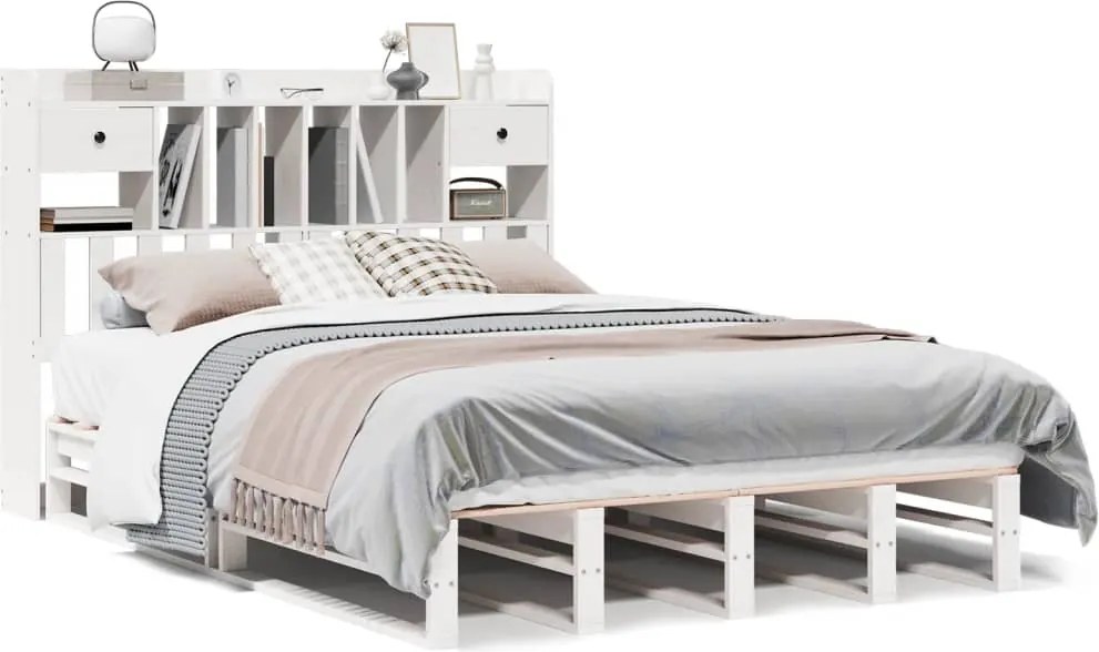 vidaXL Pat cu bibliotecă fără saltea, alb, 160x200 cm, lemn masiv pin