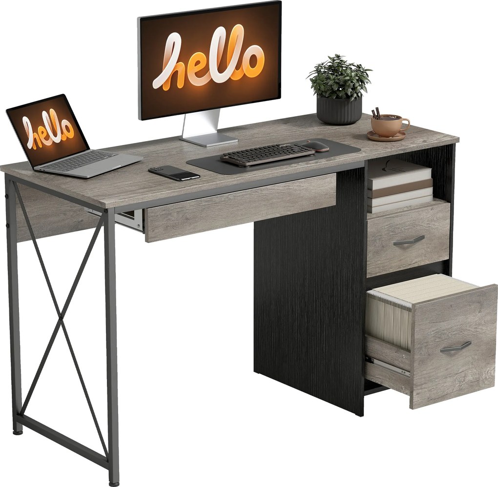 HOMCOM Birou de calculator, 120×50cm, birou cu depozitare, blat pentru tastatură, compartiment deschis și 2 sertare, gri | Aosom Romania