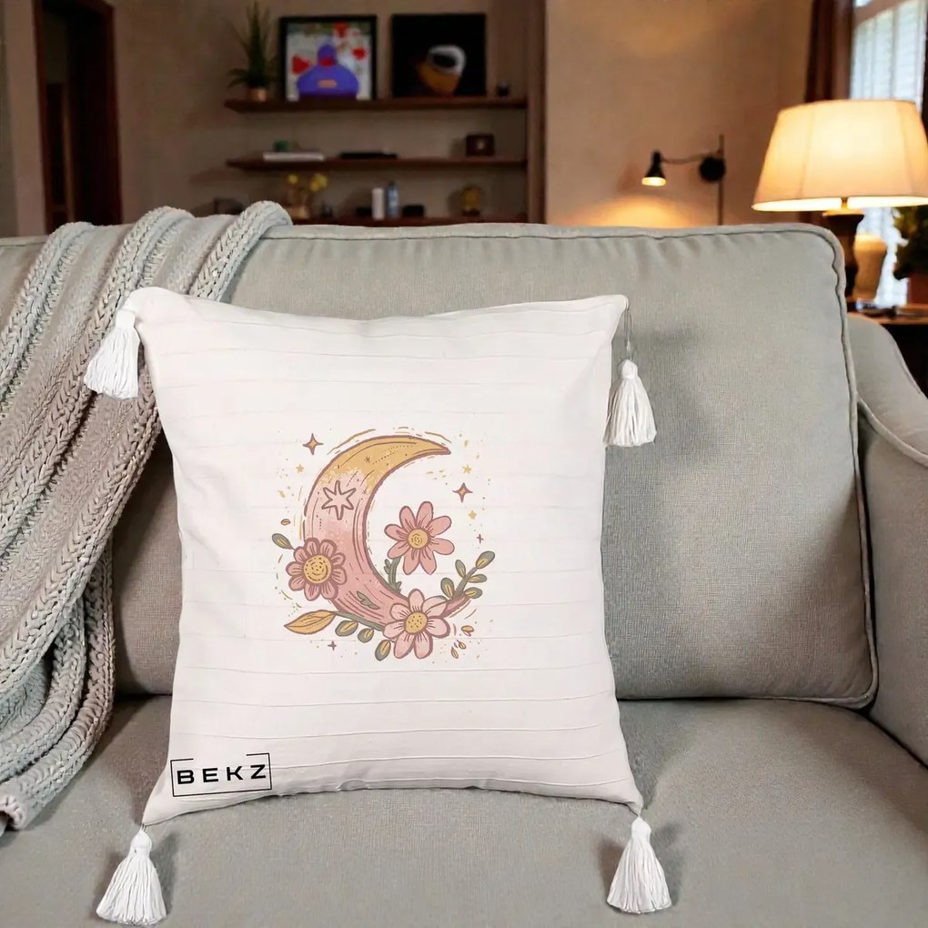 Perna Decorativa Luna Florala Boho, 40x40 cm, Bej cu Franjuri, Husa Detasabila, Perna Inclusa, BEKZ®