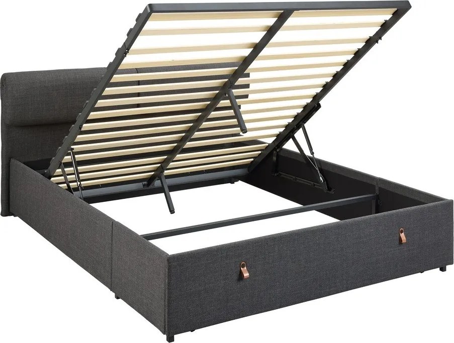 Pat matrimonial gri închis tapițat cu spațiu de depozitare cu somieră 160x200 cm Calvi – Actona