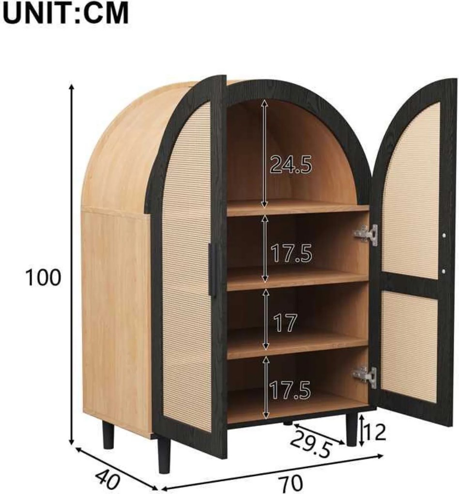 Dulap pentru pantofi cu exterior rotunjit, uși din ratan decupate și 3 rafturi, 70x40x100 cm, Culoare naturală+Negru