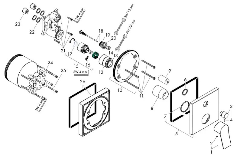 Baterie cada - dus, Hansgrohe, Vivenis, incastrabila, parte vizibila, alb mat