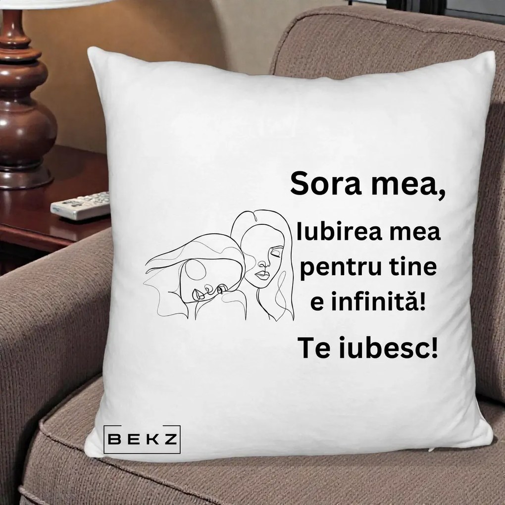 Cadou pentru Sora - Perna Personalizata Sora Mea Te Iubesc Line Art Portrete Fata in Fata, 40x40 cm, Alb Pufos, Husa Detasabila, Perna Inclusa, BEKZ®