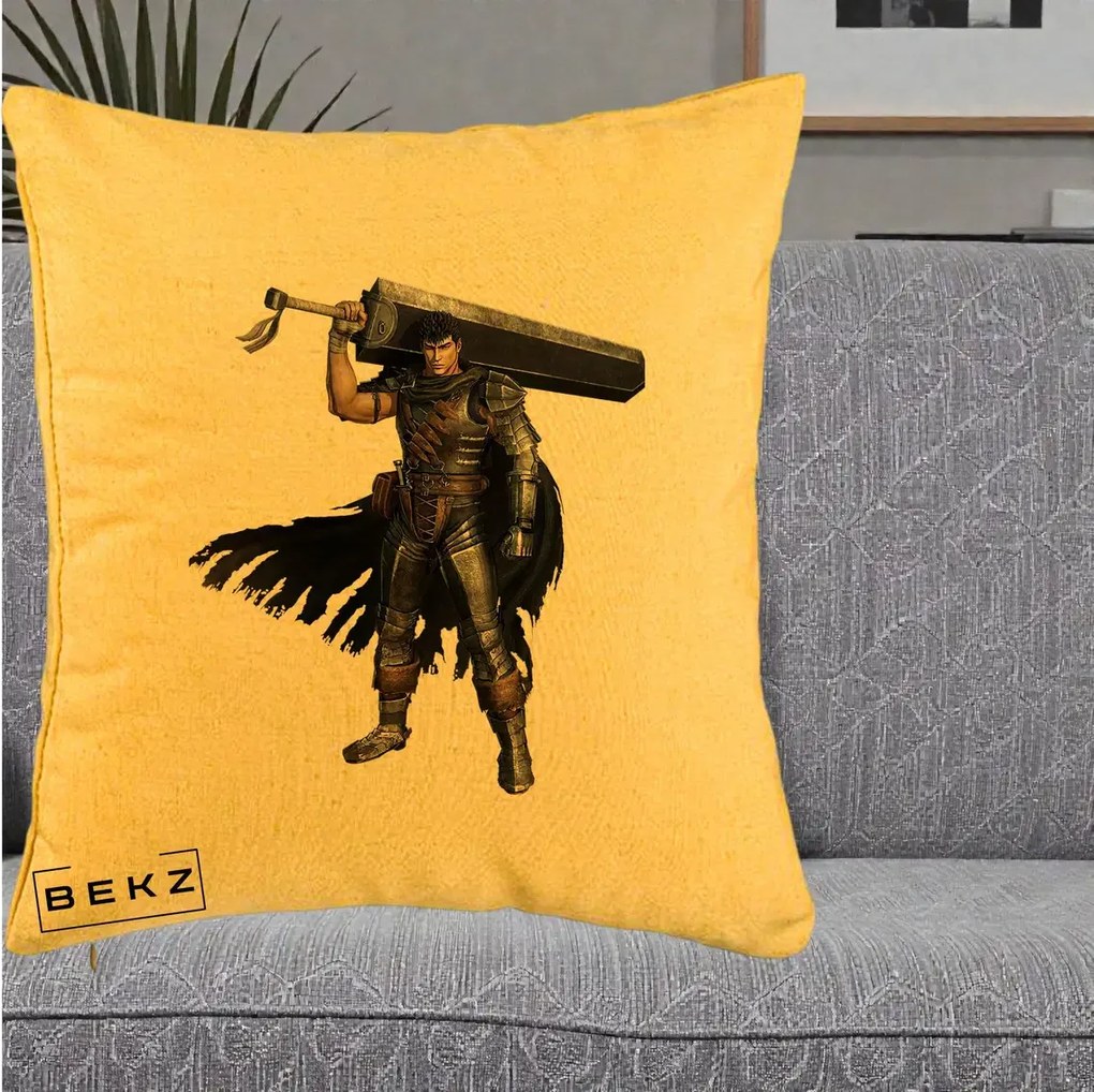 Perna Personalizata Berserk Guts Luptatorul Negru, 40x40 cm, Galben, Husa Detasabila, Perna Inclusa, BEKZ®