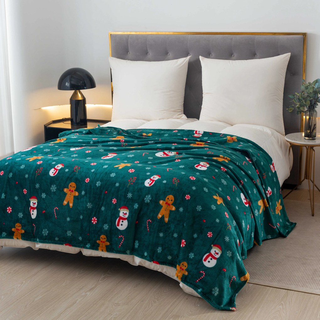 Patura microplus de Craciun SNOWMAN AND GINGERBREAD verde Dimensiuni: 200 x 220 cm