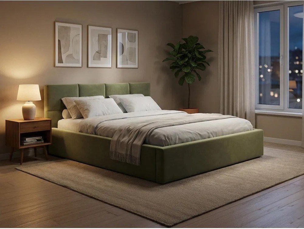 Pat matrimonial taupe tapițat din catifea cu spațiu de depozitare cu somieră 140x200 cm Hiko – Makamii