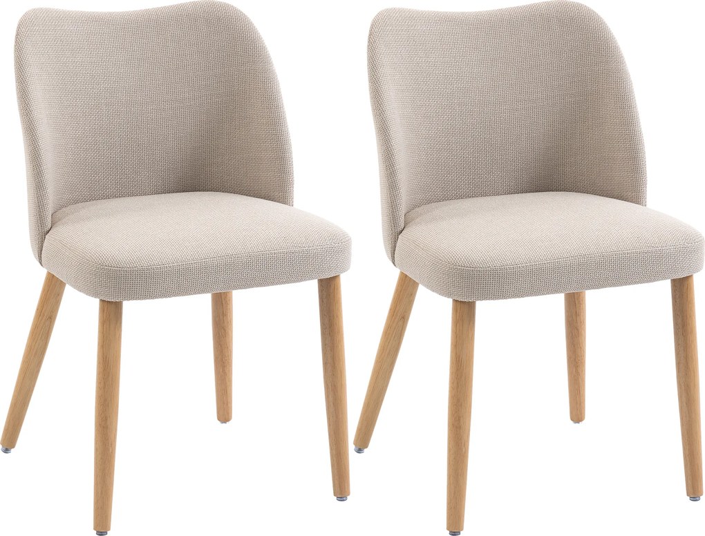 HOMCOM Set de 2 Scaune de Masă Moderne, Scaune de Bucătărie cu Tapițerie din In, Șezut Imbătut, Spătar Curbat, Picioare din Lemn de Cauciuc, Ușor de Asamblat, Alb Crem | Aosom Romania