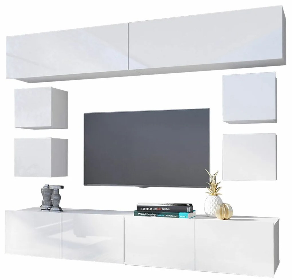 Camera de zi Providence B132Alb, Alb lucios, Cu componente suplimentare, Părți separate, Cu comodă tv, PAL laminat, 210x43cm, 81 kg