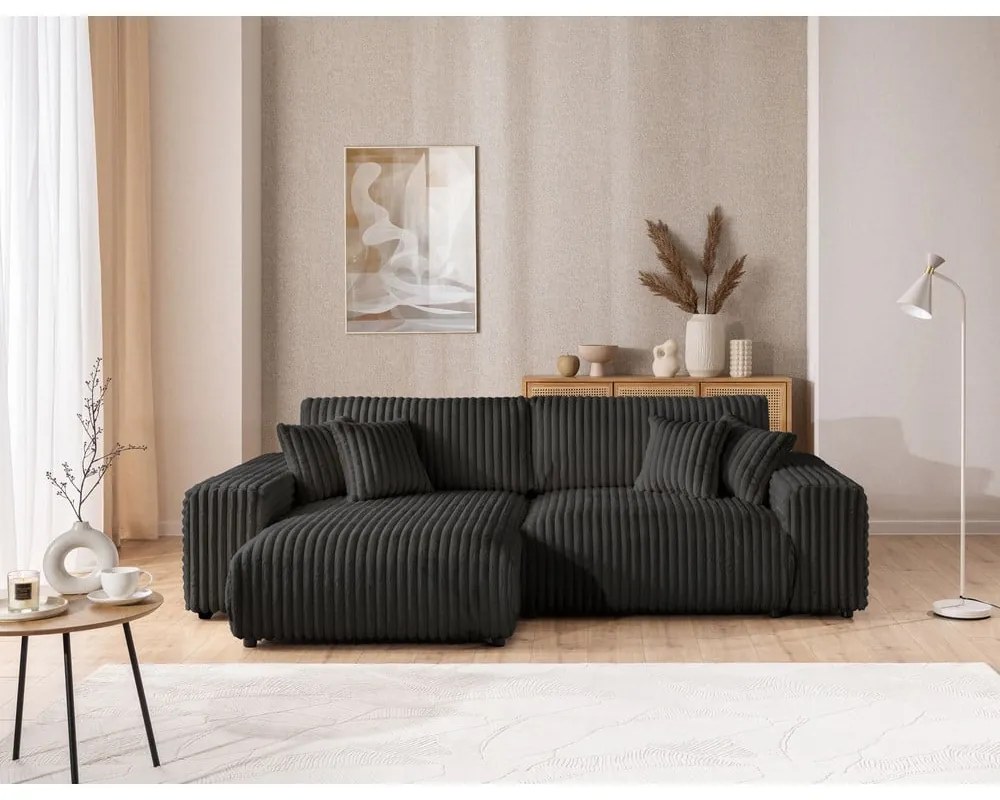 Colțar gri închis extensibil, cu spațiu de depozitare, cu tapițerie din catifea reiată (cu colț pe partea stângă) Sarina – Ropez