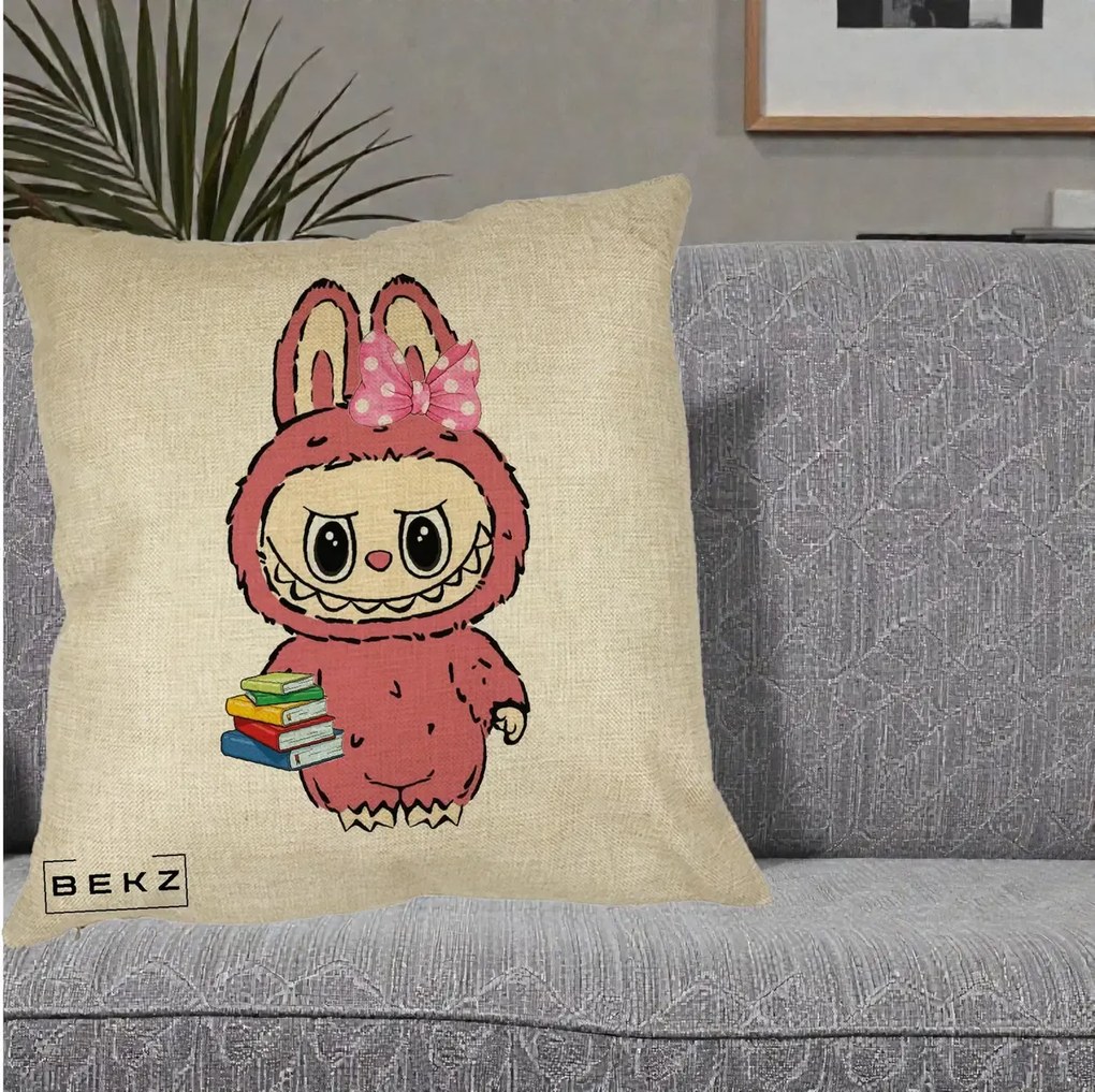 Perna Personalizata Labubu Roz cu Funda si Carti, 40x40 cm, Crem, Husa Detasabila, Perna Inclusa, BEKZ®