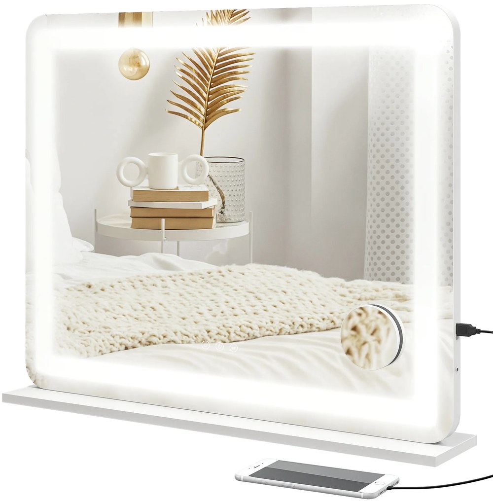HOMCOM Oglindă de Machiaj cu Lumini LED în 3 Culori, Oglindă de Perete și Masă cu USB, 80x62x14 cm, Alb | Aosom Romania