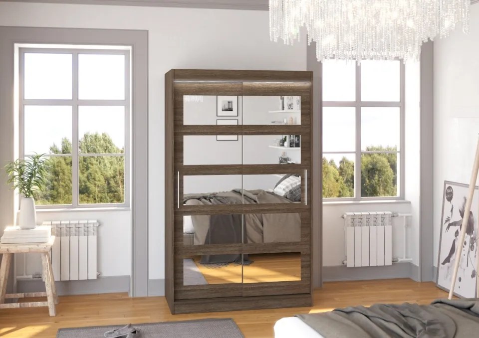 Dulap cu usi glisante si oglinda + iluminare LED, Salem 120 + LED, 120 cmx200 cmx58 cm, ADRK Furniture (Culoare: Sonoma)