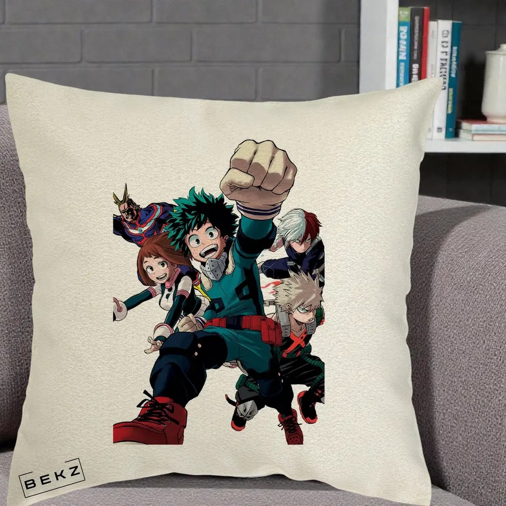 Perna Personalizata My Hero Academia Izuku Deku si Echipa, 40x40 cm, Ecru, Husa Detasabila, Perna Inclusa, BEKZ®