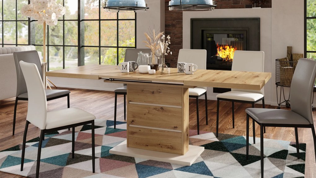 Mazzoni PIANO Stejar Artisan/Bej (Șampanie) - MASĂ EXTENSIBILĂ MODERNĂ PÂNĂ LA 200 cm!