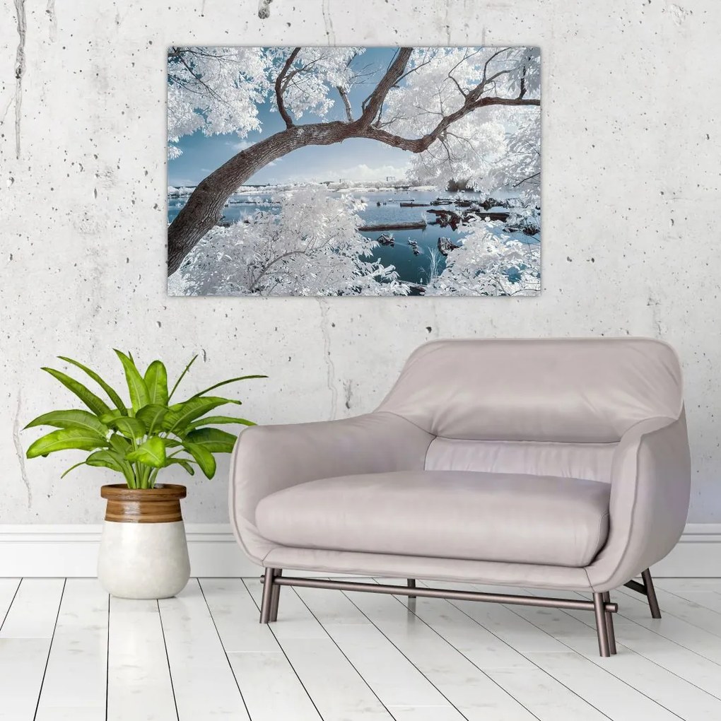 Tablou cu copac înzăpezit lângă apă (90x60 cm)