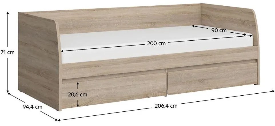 Pat de o persoană 90 cm Nordanas 28 (stejar sonoma) (cu somieră) (cu sp. depozitare). 1097190