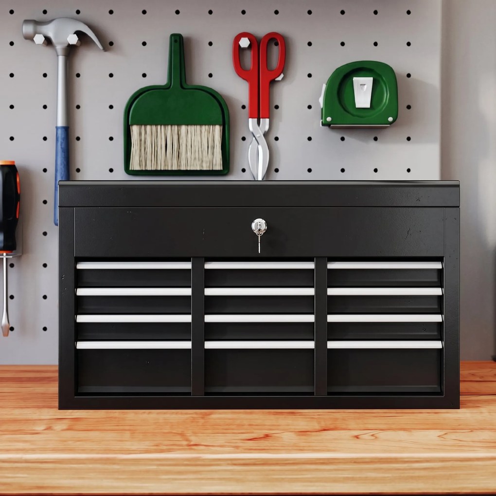 HOMCOM Comodă pentru Scule Portabilă, Cutie Metalică cu Carcasă Superioară și Glisiere pe Rulmenți cu Bile, 60x26x34 cm, Negru | Aosom Romania