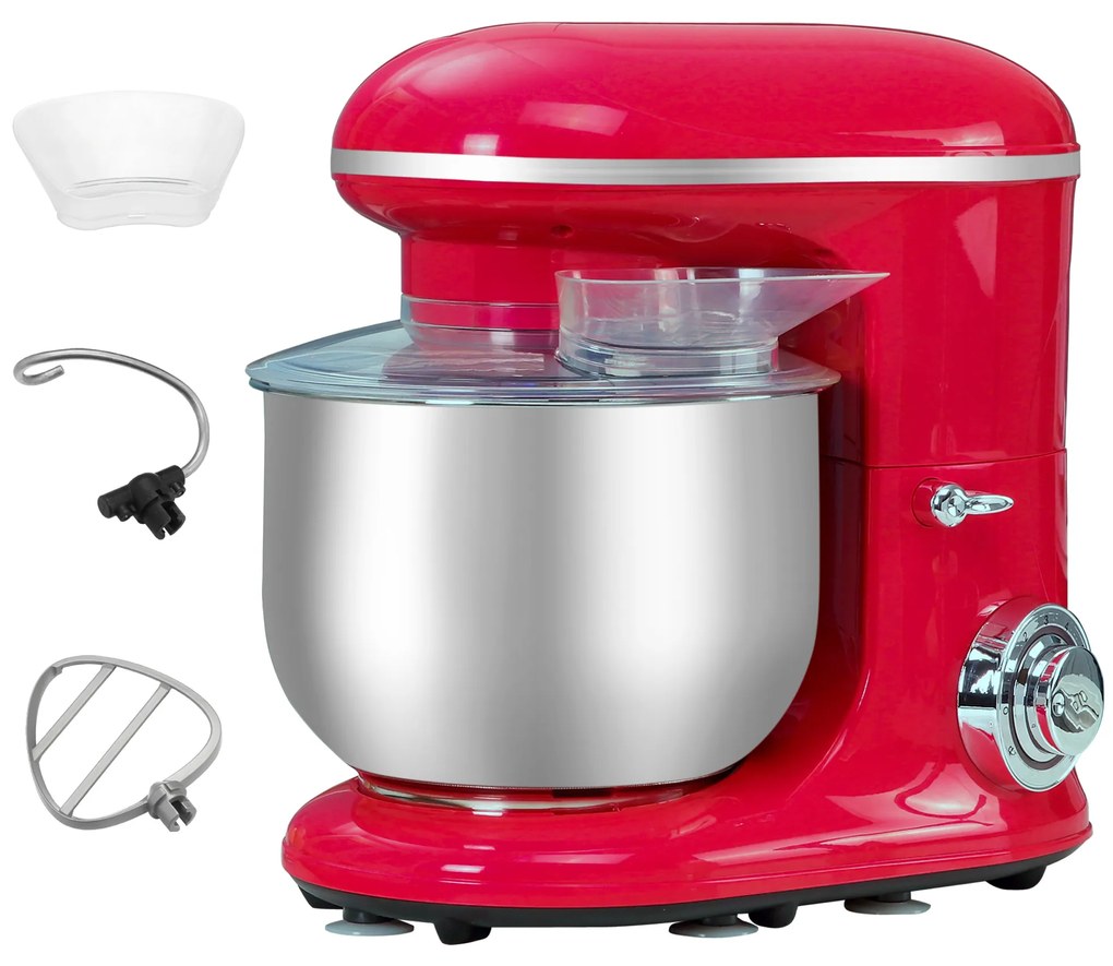 Mixer planetar HOMCOM cu 6 viteze de 1200W, cu bol 5.5l, carlig framantare si 2 teluri, rosu | Aosom RO