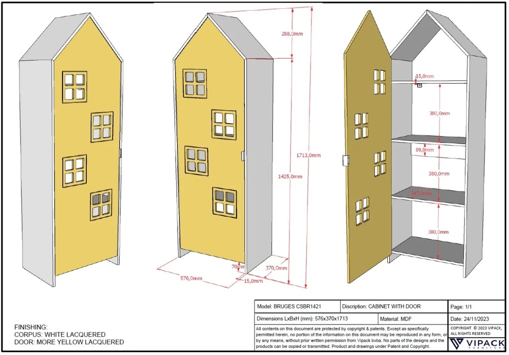 Dulap pentru Copii Căsuță, Galben, (MDF) – CASAMI – Vipack