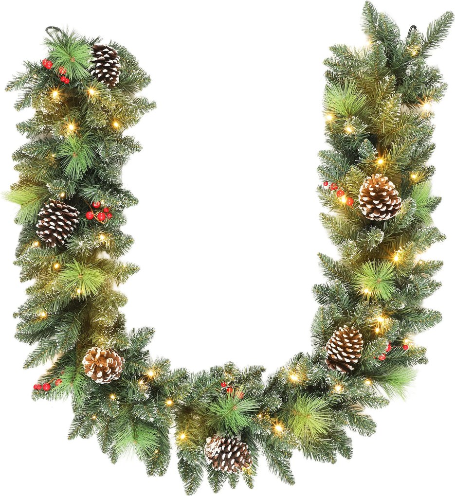 HOMCOM Ghirlandă de Crăciun 183 cm cu Crengi Înzăpezite și 30 de Lumini Albe, Conuri și Boabe pentru Interioare | Aosom Romania
