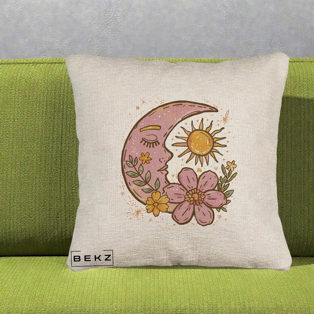 Perna Personalizata Luna si Soare Floral Boho, 40x40 cm, Bej Canapea, Husa Detasabila, Perna Inclusa, BEKZ®