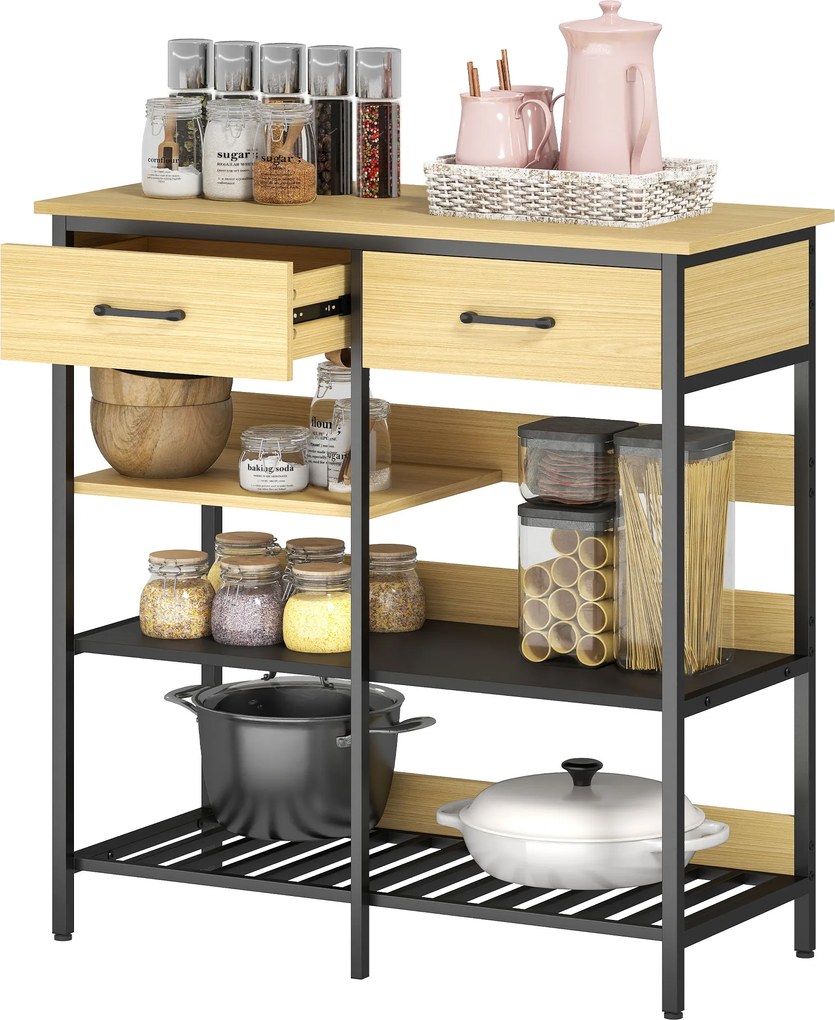 HOMCOM Sideboard, comodă cu 2 sertare, 3 rafturi deschise dulap de bucătărie pentru bucătărie, living 90 x 40 x 91 cm, lemn natural | Aosom Romania