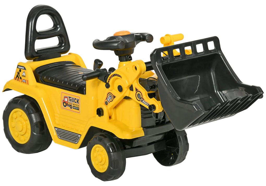 HOMCOM Excavator pentru Copii cu Cupă, Spătar și Spațiu de Depozitare Ascuns, Buldozer de Jucărie în PP și ABS, 80x26.5x39 cm, Galben și Negru | Aosom Romania
