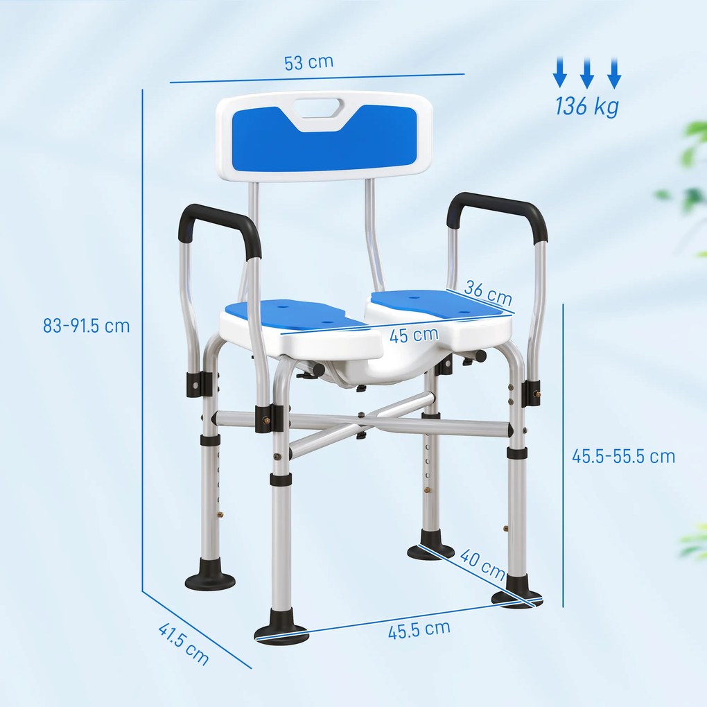 HOMCOM Scaun de Duș cu Spătar, Brațe, Șezut Canelatat, Bare de Ranforsare și Înălțime Reglabilă, 53x41,5x78,5-91,5 cm, Albastru | Aosom Romania