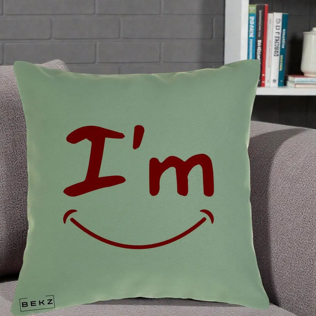 Perna Decorativa I'm Happy Smile, 40x40 cm, Verde, Husa Detasabila, Perna Inclusa, BEKZ®