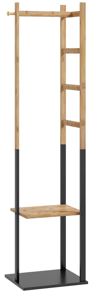 HOMCOM Cuier de Podea Autoportant cu Bară Centrală, 4 Bare Laterale, 2 Cârlige și 2 Rafturi, 46x28,5x153,5 cm, Negru | Aosom Romania