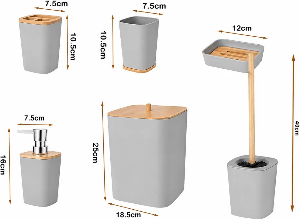 Set de baie NATUREO 6 piese, bambus/gri