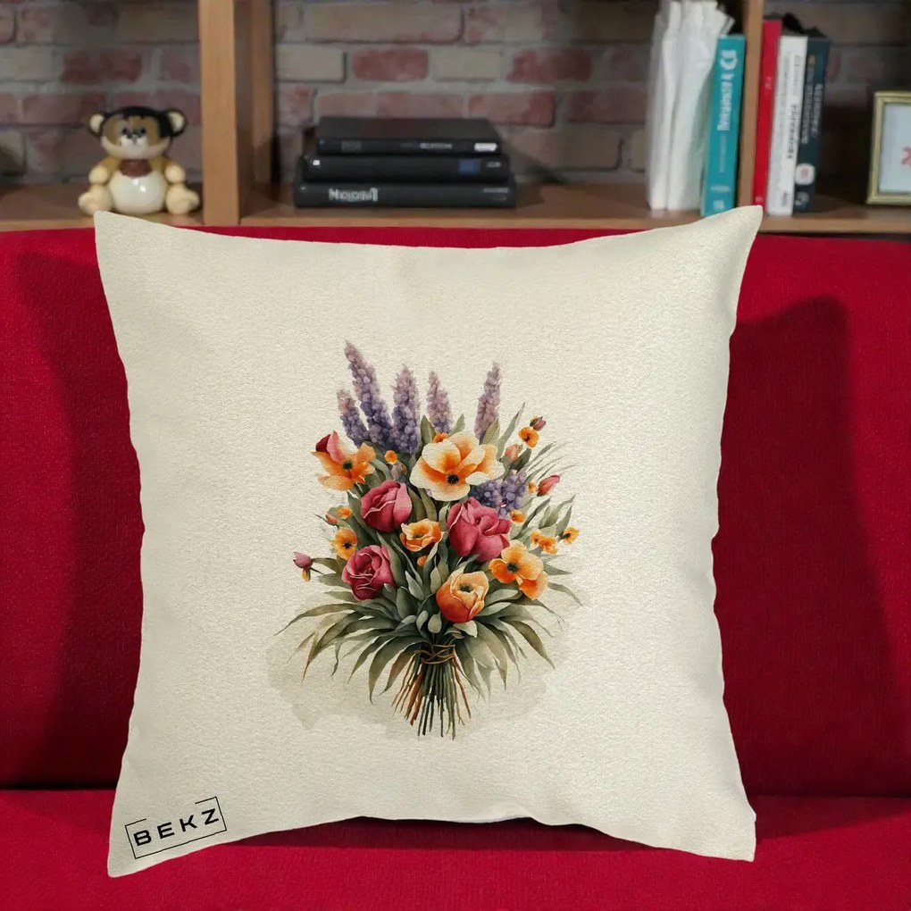 Perna Decorativa Buchet Mixt Acuarela Lavanda-Trandafiri, 40x40 cm, Ecru, Husa Detasabila, Perna Inclusa, BEKZ®